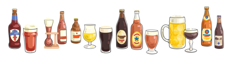 Collection of different beer bottles and glasses. Banner in line style. Black outline with color spots. Isolated on white background. Vector flat illustration. Template for menu design