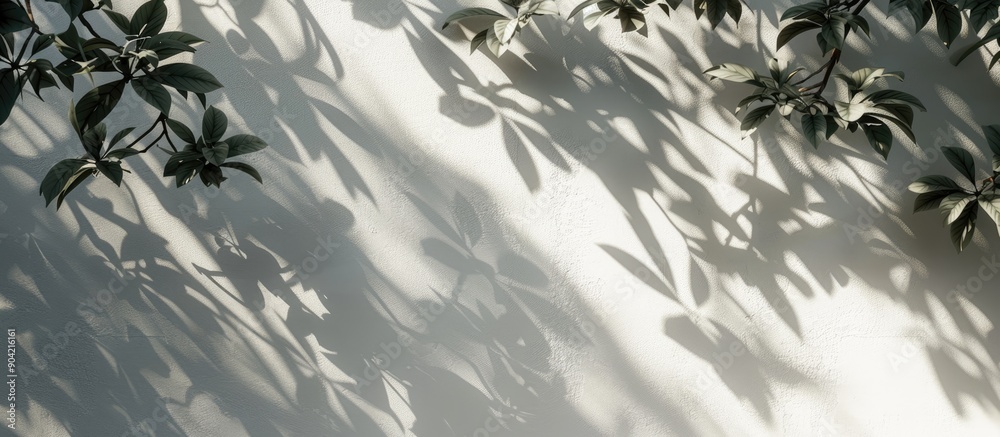 Sticker Sunlight filtering through tree leaves casts intricate shadows creating a captivating effect on a white wall backdrop perfect for a wallpaper with copy space image