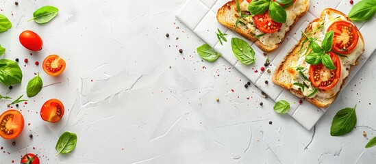 Top down view of a white tiled table with toast melted cheese tomato and basil suitable for text insertion in a copy space image