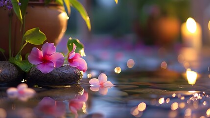 Beautiful spa setting with pink flowers and glowing candles reflecting in water, creating a tranquil 