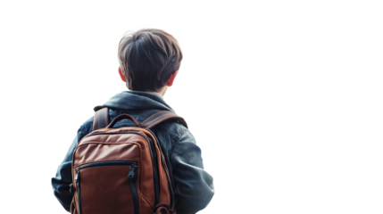 back view of young student wearing backpack with copy space isolated on transparency background