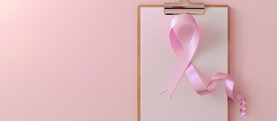 Clipboard displaying a pink curly breast cancer ribbon on a pink pastel background with empty space for text or image. Copy space image. Place for adding text and design
