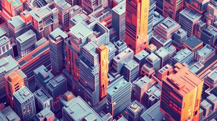 Obraz premium Vibrant, fractal-inspired cityscape featuring a dense arrangement of colorful buildings under evening light