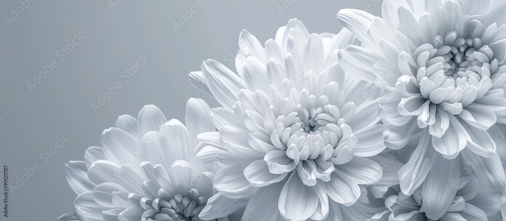 Canvas Prints grey background with stunning white chrysanthemums and petals on blank card with copy space image