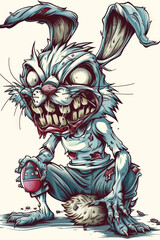 A cartoon rabbit with a pill bottle in its mouth