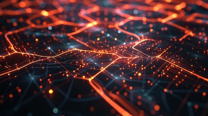 Fototapeta premium A vibrant fractal grid illuminates the dark background with intricate connections between nodes, showcasing a mesmerizing play of light