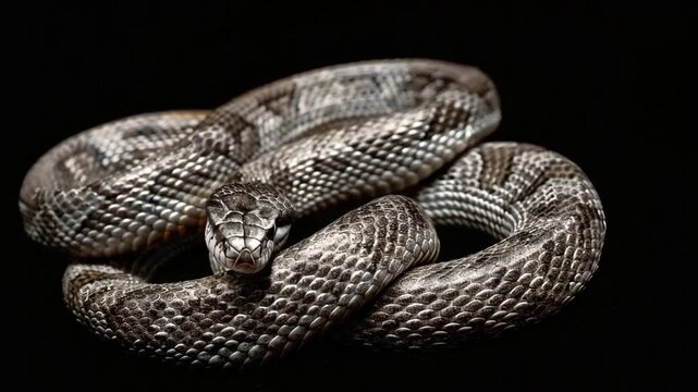 Coiled snake with intricate scales on a black background