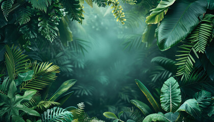 A tropical jungle frame background with copy space, suitable for nature-themed designs and tropical vacation promotions.