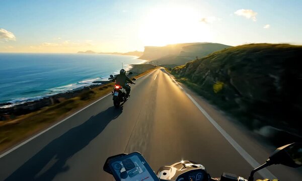 ast Motorcycle on the coast road riding. having fun driving the empty highway on a motorbike tour journey.