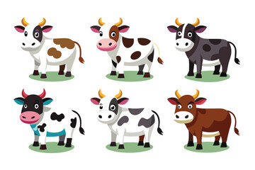 Six Cartoon Cows with Different Colors and Patterns