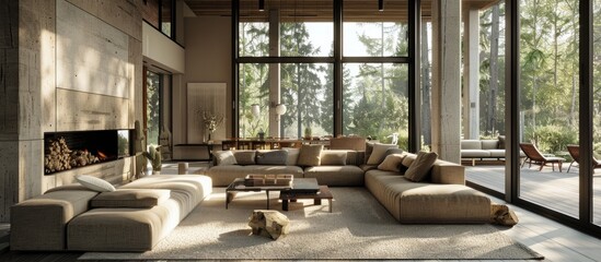 Step into the light filled luxurious ambiance of an open concept living room showcased in this elegant photo boasting a spacious layout large windows and a harmonious blend of materials and colors wi