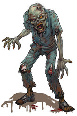 A zombie man with blood dripping from his mouth and legs