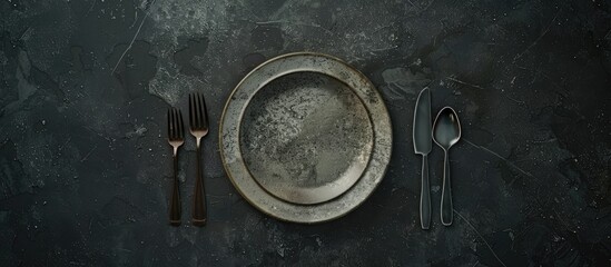 Preparing for dinner an empty ceramic plate on a dark concrete surface with cutlery beside it creating a modern and elegant composition suitable for a copy space image