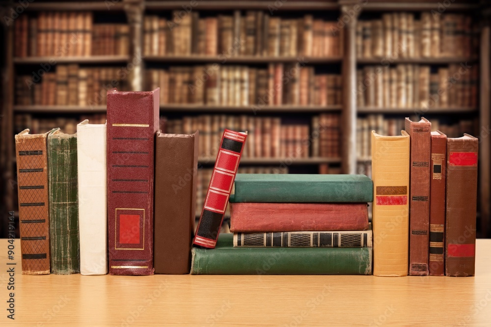 Wall mural pile of reading books on table in student's library