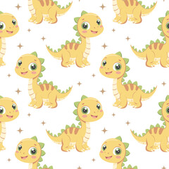 Obraz premium Cute dinosaurs seamless pattern. Background with dinosaurs and tropical leaves. Scandinavian design for baby clothes, shirts, fabrics, textiles.