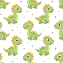 Naklejka premium Cute dinosaurs seamless pattern. Background with dinosaurs and tropical leaves. Scandinavian design for baby clothes, shirts, fabrics, textiles.