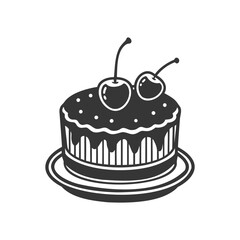 Cherry cake on white background, engraving, silhouette. Black and white illustration of dessert, pastry, food icon