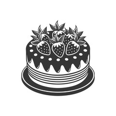 Strawberry cake on white background, engraving, silhouette. Black and white illustration of dessert, pastry, food icon