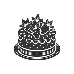 Strawberry cake on white background, engraving, silhouette. Black and white illustration of dessert, pastry, food icon