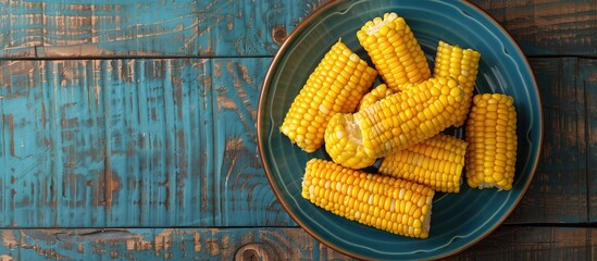 Plate featuring portions of sweet boiled corn cobs with space for custom images. Copy space image. Place for adding text and design