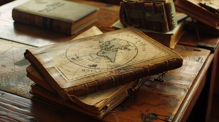 An antique wooden table holds an old marine book and a map