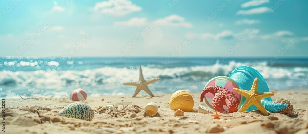 Sticker Summer beach fun an assortment of objects displayed on the sandy shore with copy space image