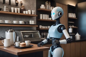 miniature, sleek robot barista with thin polished silver limbs and a glowing blue LED light. Robotics Technology Trends in Business.