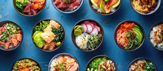 Various poke bowl varieties creatively displayed on a blue backdrop in a top down perspective with plenty of copy space image