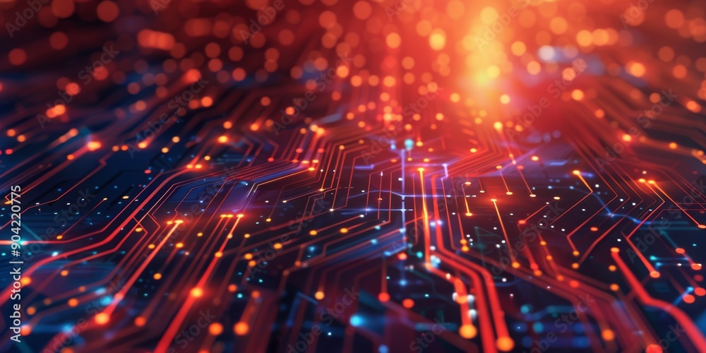 Poster futuristic abstract tech with glowing circuits and particles symbolizing data flow and digital conne