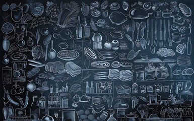 Set of food and drinks doodle on chalkboard background. © Din Nasahrudin