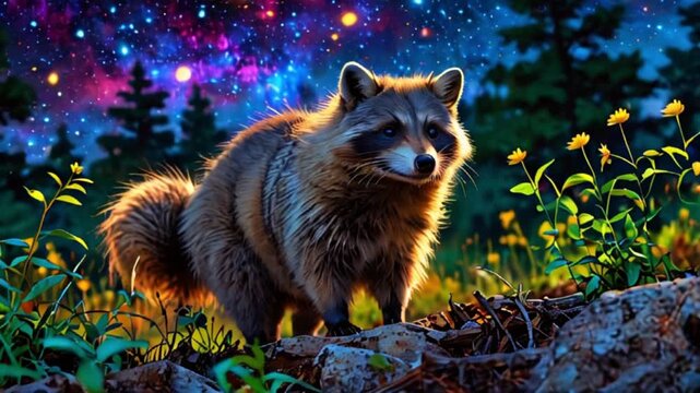 野原に立つタヌキが星空を見上げる風変わりなアニメーション
