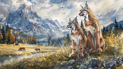 Alpine meadow, lynxes hunting, scenic showcase, Watercolor style