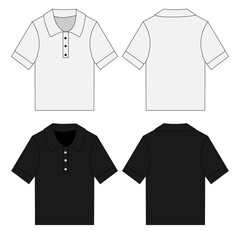 Technical drawing of short sleeve polo shirt, front and back view. A set of patterns for classic shirts with collar and button closure. Polo shirt sketch on white background.