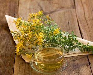 Herbal tea from Hypericum perforatum commonly known as St John's wort. Drink from fresh flowers on the wood table. Traditional herbal medicine.