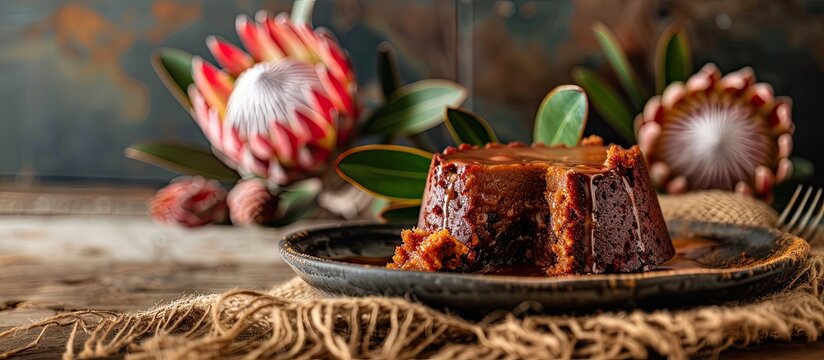 South African Malva pudding with a bite taken displayed on a plate with burlap Protea flowers in the background allowing for copy space image
