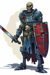 Naklejka premium A skeleton warrior is holding a sword and shield