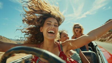 A joyful group of friends enjoys a road trip, laughing and embracing the freedom of driving with the wind in their hair on a sunny day