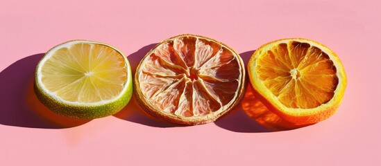 Dried orange lemon and lime slices with shadows under bright sunlight against a pink backdrop providing a copy space image