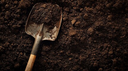 aged shovel at the soil