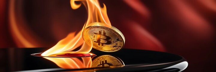 Golden bitcoin coin in fire flame,  cryptocurrencies over trade graph background