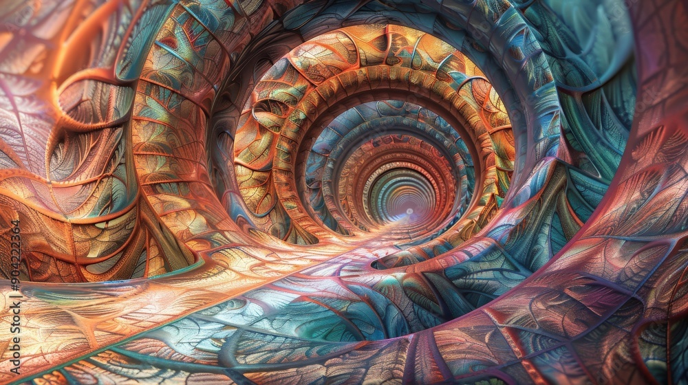 Poster a swirling fractal tunnel draws the observer deeper into its intricate patterns and vibrant colors, 