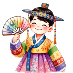 Charming illustration of a happy child in a colorful Korean hanbok, holding a traditional fan, representing joy and Korean cultural heritage.