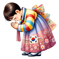 Illustration of a young child wearing a colorful Korean hanbok, bowing respectfully, symbolizing Korean culture and traditional customs.