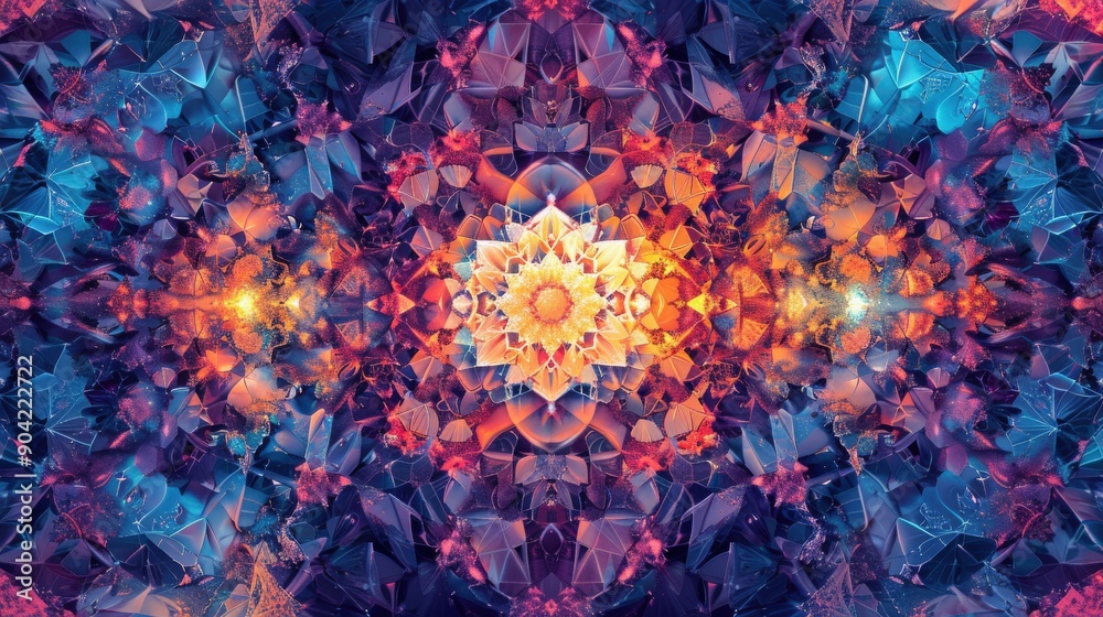 Poster a mesmerizing kaleidoscopic pattern features symmetrical shapes blending vibrant colors, creating an