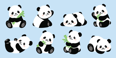 Cute Animal Panda characters set. Hand drawn wild animal cartoon design of panda in different pose, bamboo, sitting, sleeping. Adorable bear mascot illustration for sticker, clipart, education.  © TinyBell