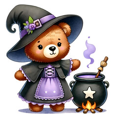 Adorable bear dressed as a witch in a purple and black outfit, standing by a bubbling cauldron, perfect for Halloween-themed designs or children's illustrations.