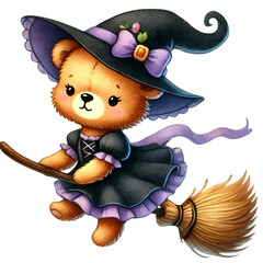 Cute bear dressed as a witch, flying on a broomstick with a black hat and purple dress, perfect for Halloween or children's illustrations.