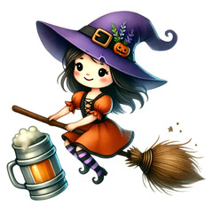 Charming illustration of a cute witch in a purple hat and orange dress, flying on a broomstick with a frothy mug, perfect for Halloween or fantasy themes.