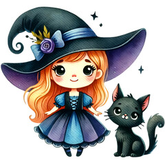 Adorable illustration of a young witch in a large hat and dark dress, accompanied by a black cat, perfect for Halloween or fantasy-themed designs.