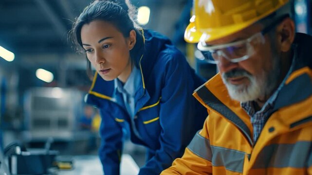 A middle-aged engineer conversing with a female technician while using a laptop